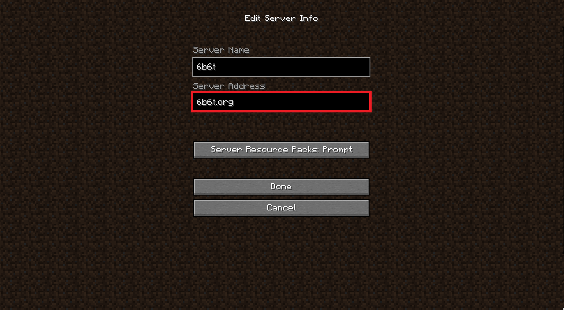 Server information of add server screen filled out