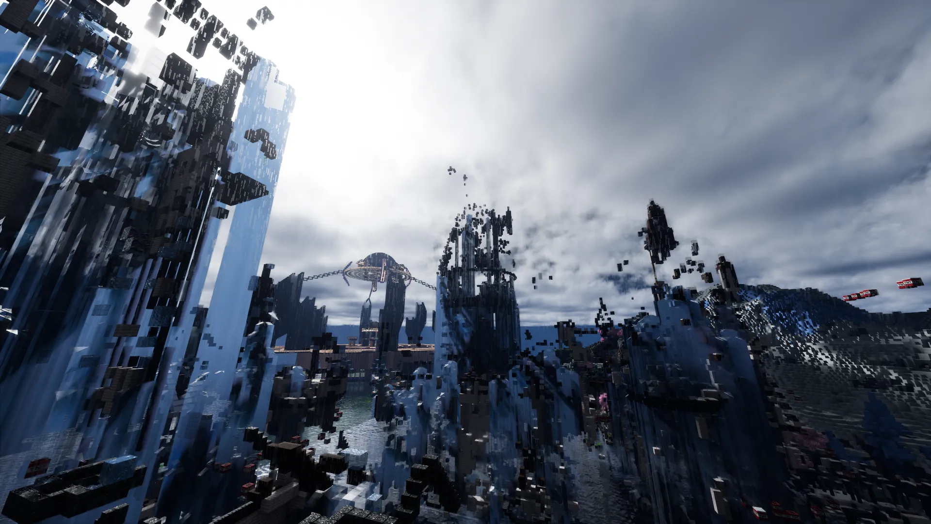 Ruined towers and waterfalls beneath a cloudy sky at 6b6t spawn