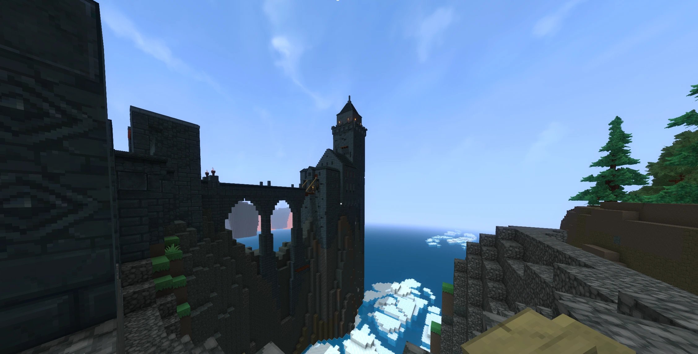 A fortified player base rising above the terrain