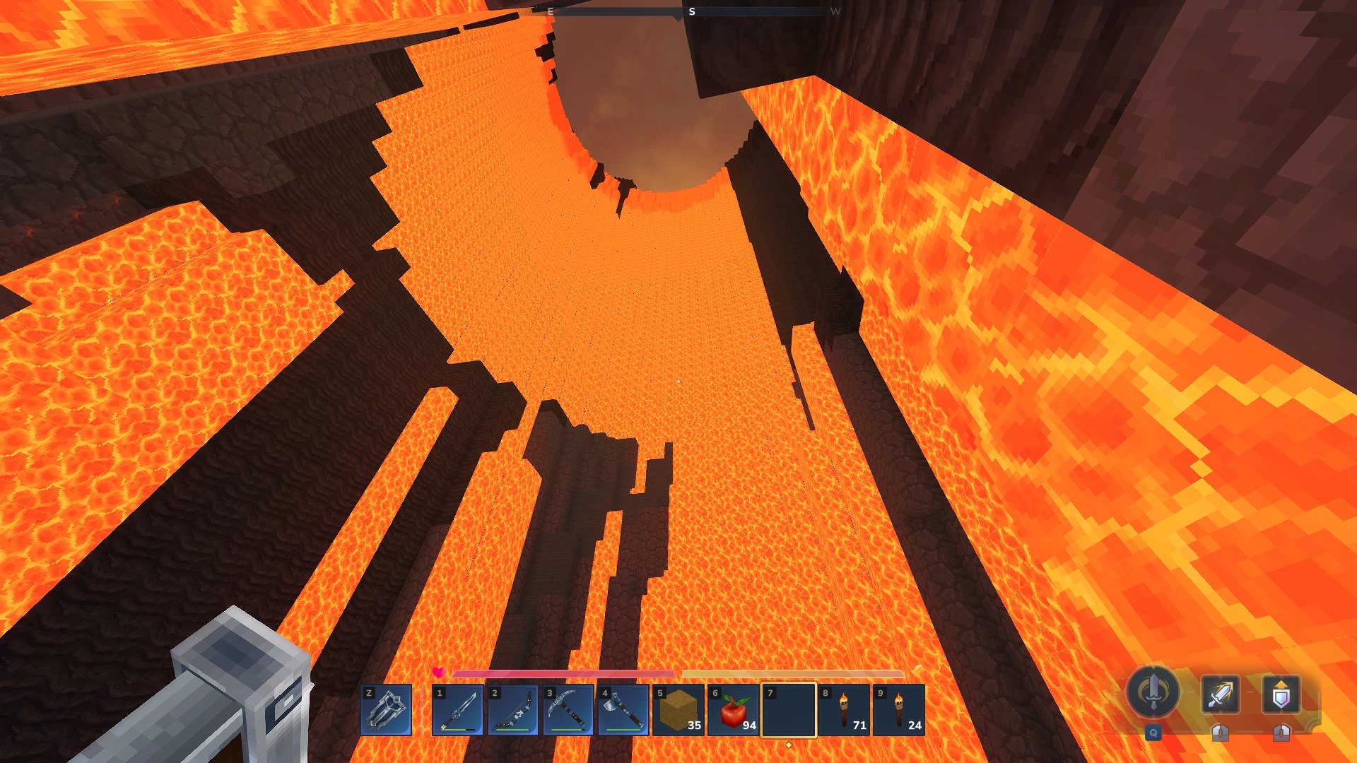 A lava-filled crater at spawn